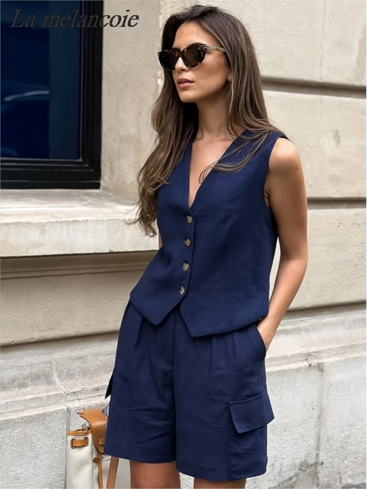 

Женский офисный комплект из двух предметов, повседневный свободный комплект из шорт и жилета и брюк с карманами, из хлопка и льна, лето 2024