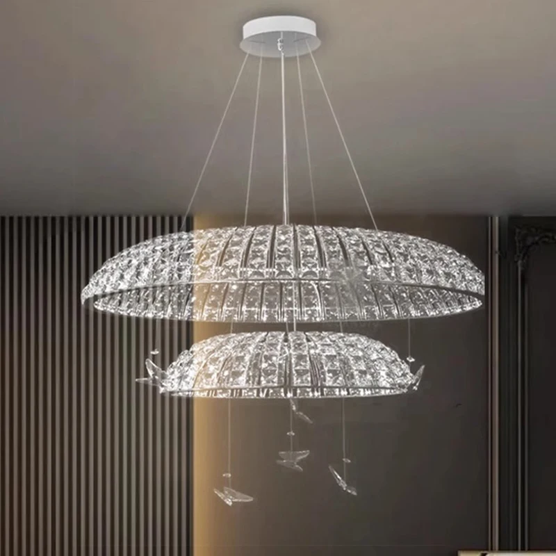 Luxury loft chandelier crystal living room home decor hanging lamp chrome double decker attic led chandeliers 2024 light fixture