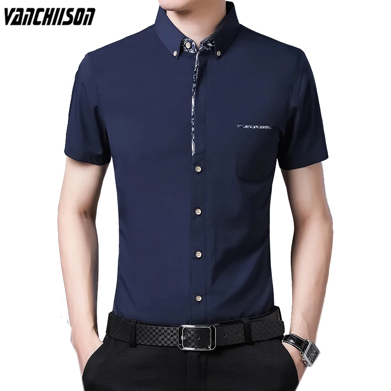 

Men Cotton Shirt Tops Short Sleeve for Summer Solid England Style Office Male Fashion Clothing 00853