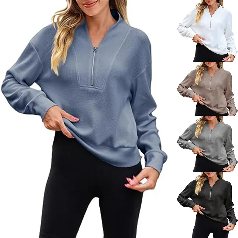 2023 Winter Women's New Fashion Casual Knitted Sweatshirt Loose and Comfortable Waffle Zipper V-Neck Pullover Long Sleeve Top