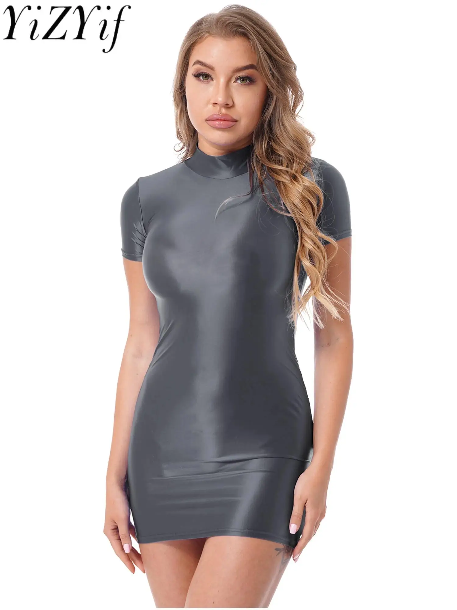 

Womens Glossy Bodycon Dress Long Sleeve Mini Pencil Dress Nightwear Smooth Stretchy Mock Neck Tight Dresses Clubwear Costume