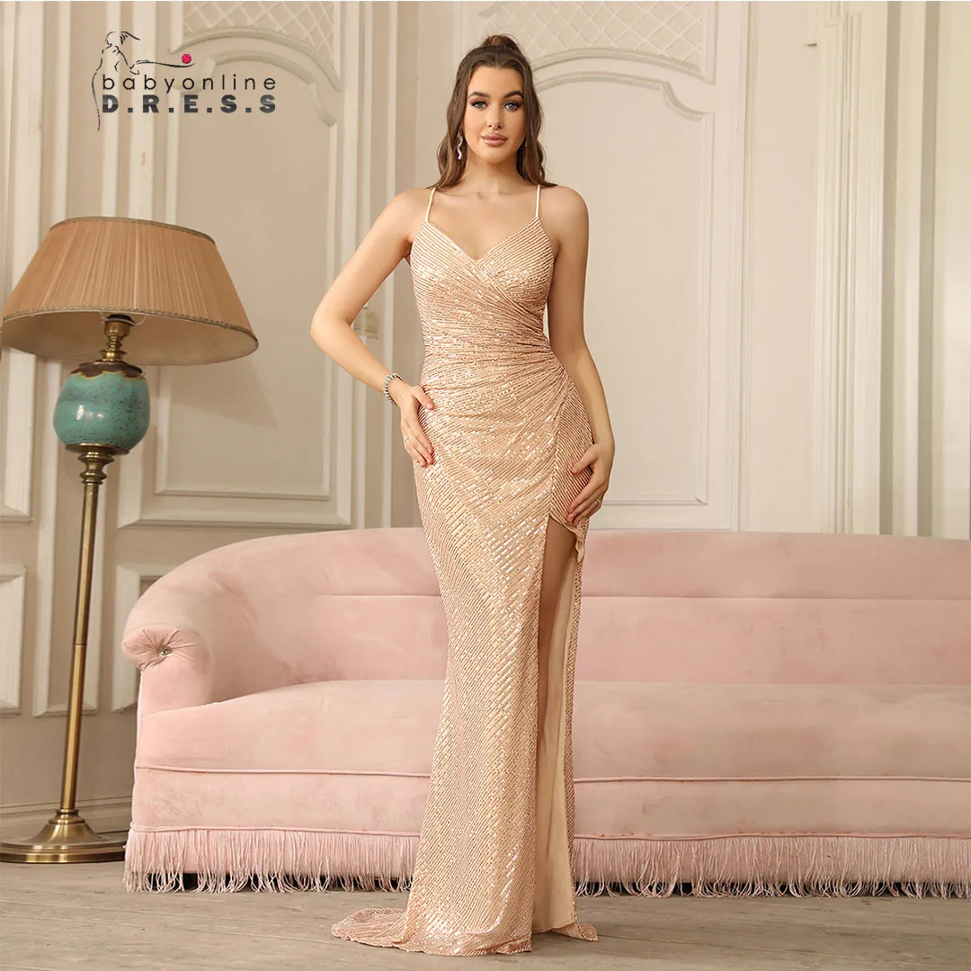 A-line Sparkling Diamond Open-Back Floor-Length Gown Gold
