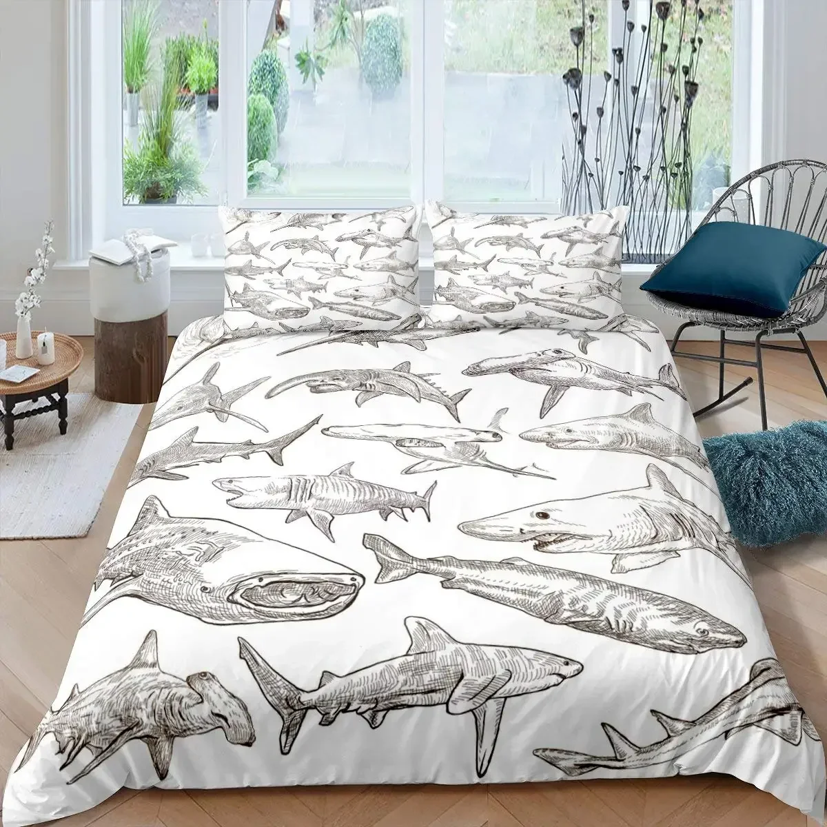 Shark Fish Print Duvet Cover Set Cute Underwater Animals Luxury Soft Bedding Set Children Teens Adults Blue Comforter Cover Sets