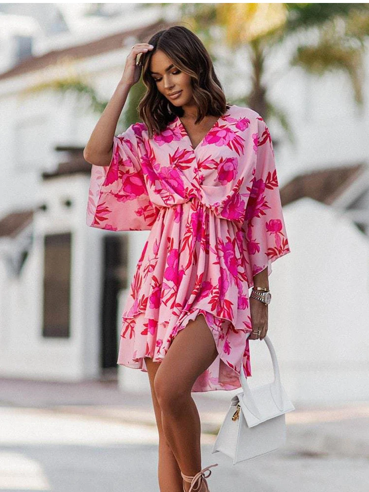 

Summer Mini Dress Women's Fashion Casual Print V-neck Batwing Sleeve Holiday Clubwear Beach Party Dresses For Women Robe Femme