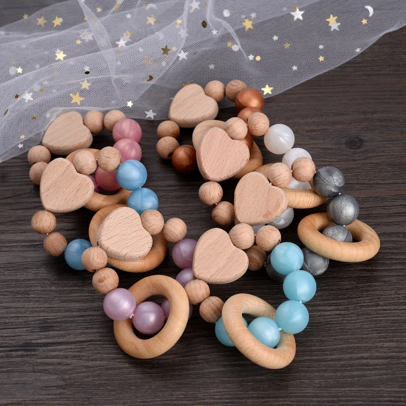  Teether 팔찌 실리콘 라운드 비즈 딸랑이 심장 모양 너도밤 나무 반지,  간호 장난감 젖니 공예 반지, 1 개