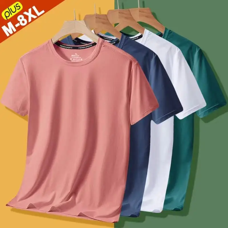 

2023 Summer Ice Silk Short Sleeve T-shirt Unisex Fashion Loose Fit Sports Casual Quick Drying Round Neck T-shirt Large 8XL