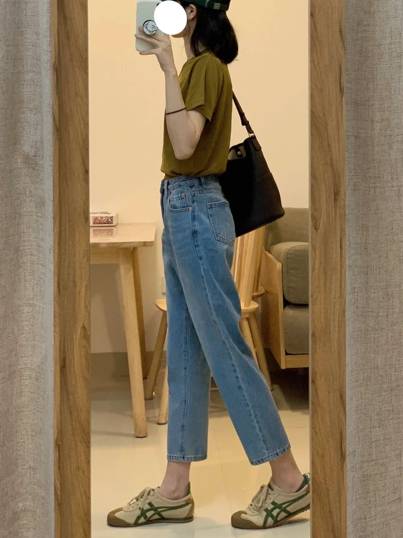 Retro high waisted Jeans Women Summer Thin Slim fit Slimming Straight Pants Design Sense Cropped Pants High Street Fashion Ins