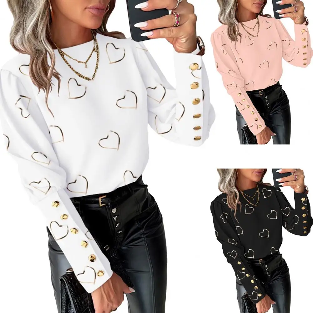 

Fashion White Blouse Women 2024 Long Sleeve Round Neck Casual Pullover Elegant Office Lady Pink Love Print Shirts Tops Female