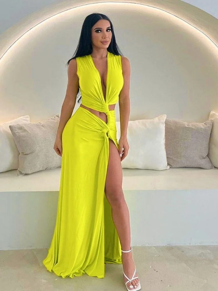 Wmstar Dress Women Wholesale A New Solid-color Sexy Deep V Shaped Cut Out Slit Figure Hugging Long Dresses for Woman  Summer