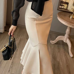 Elegant Black Long - Sleeved Shirt and Fishtail Skirt Ensemble - XXXL (Only apricot skirts.)