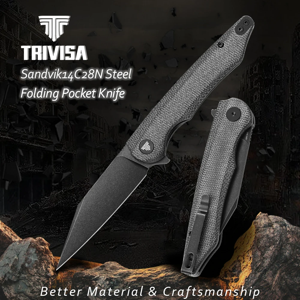 

TRIVISA Micarta Handle Pocket Folding Knife,3.66" 14C28N Steel Blade Flipper open ,EDC Outdoor Camping Tourist Knives with Clip