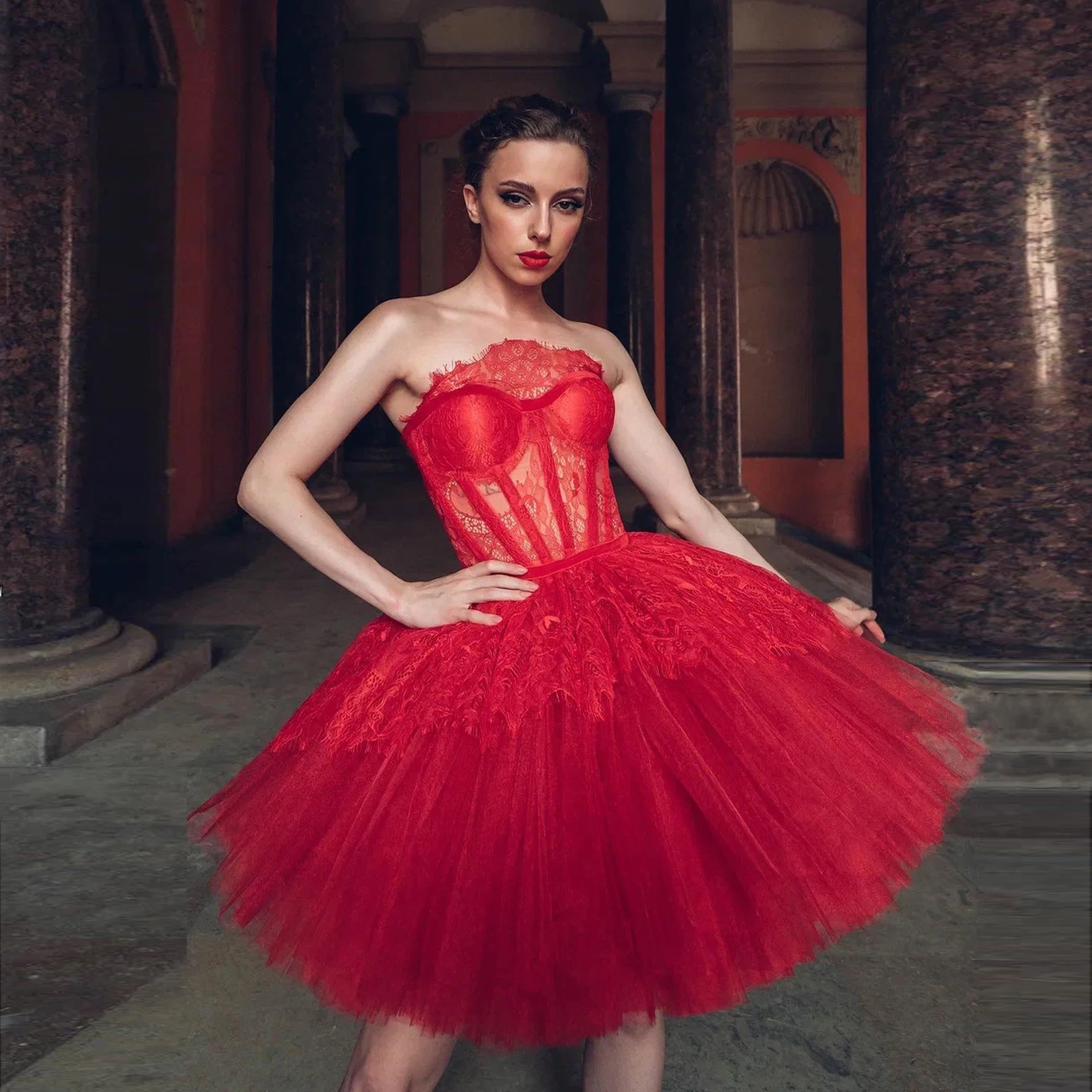 Pretty Women Red Ball Gown Short Party Dresses Puffy Tulle And Lace  Strapless Formal Dresses Corset Dance Dress 2023 Pro size 42 Color Silver