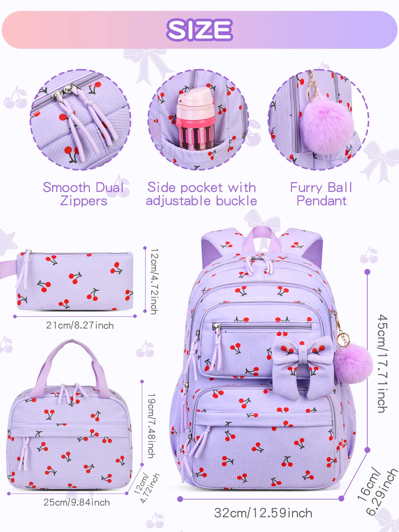 2026 High end Corduroy Material 3-Piece School Bag Set for Teenage Girls Fashion bow patchwork women's backpack Cute schoolbags 4