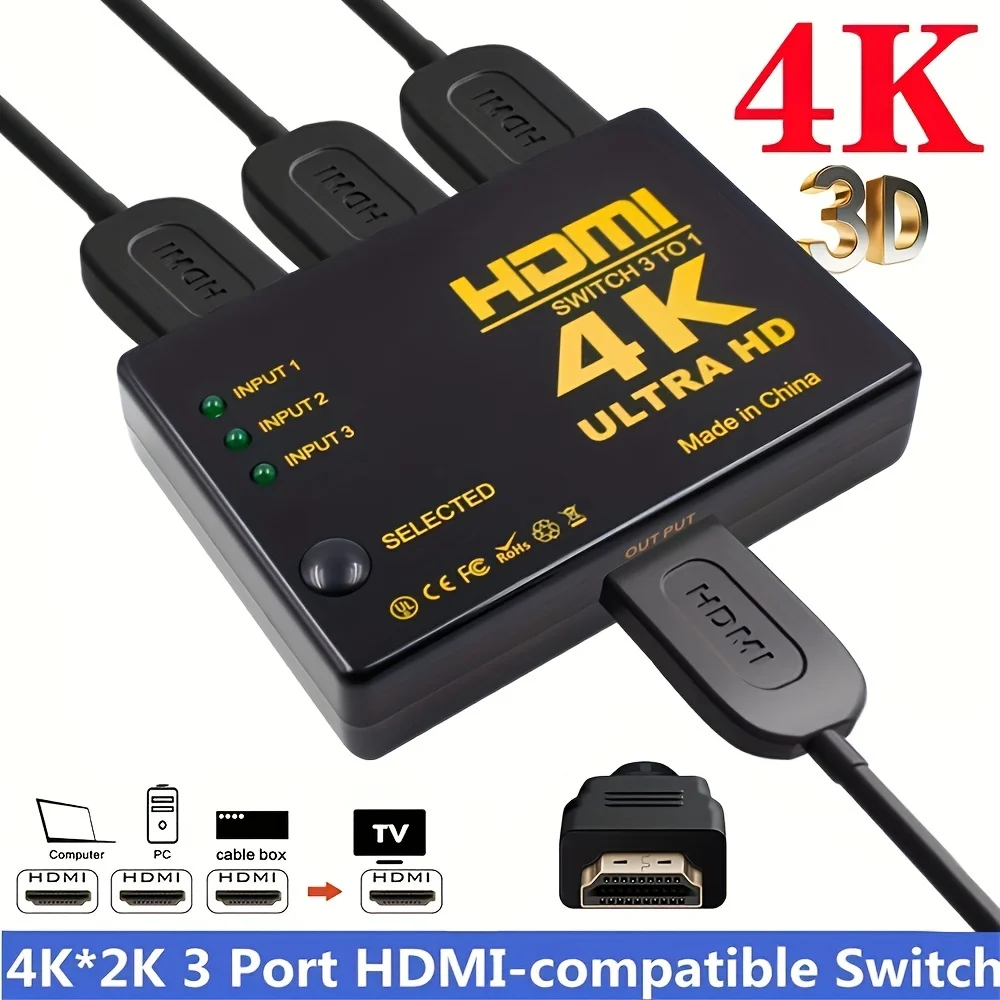 

4K 2K 3x1 Cable Splitter HD 1080P Video Switcher Adapter 3 Input 1 Output Port Hub For Xbox PS4 DVD HDTV PC Laptop TV