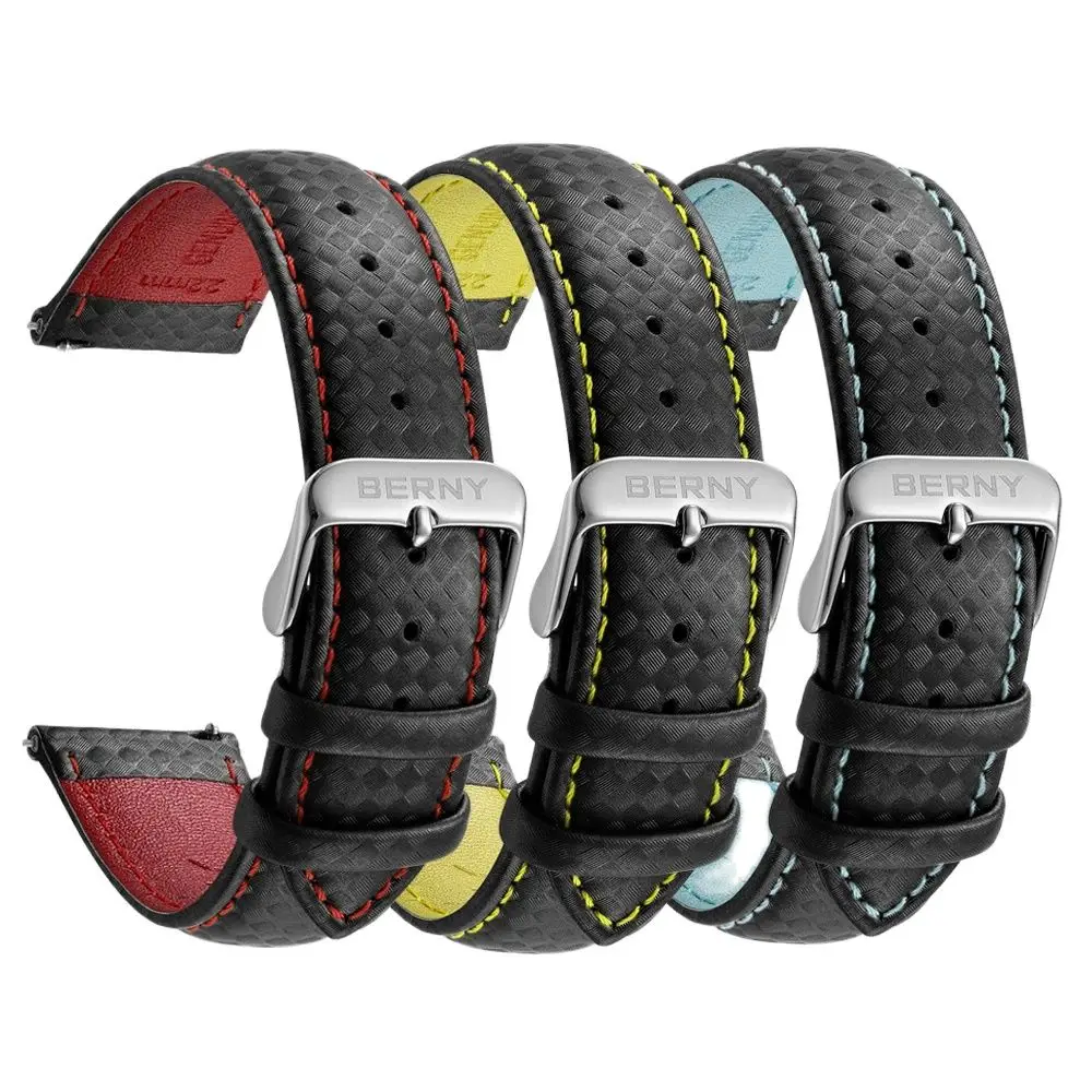 Berny-pulseira de Couro Genuíno Pulseira Carbon Fiber Grain Pulseiras Relógio Cinta de Liberação Rápida Carbon Fiber Pattern 20 mm 22 mm