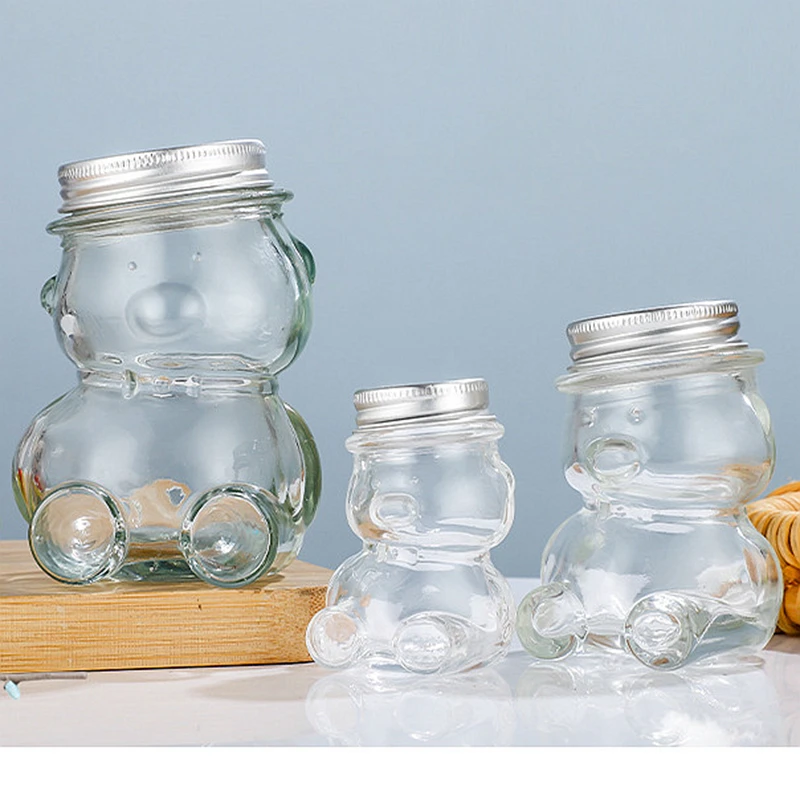 50ml/150ml/300ml Little Bear Glass Honey Jars with Aluminum Bottle Cap Lovely Washing Bottle Glass Bottle 2