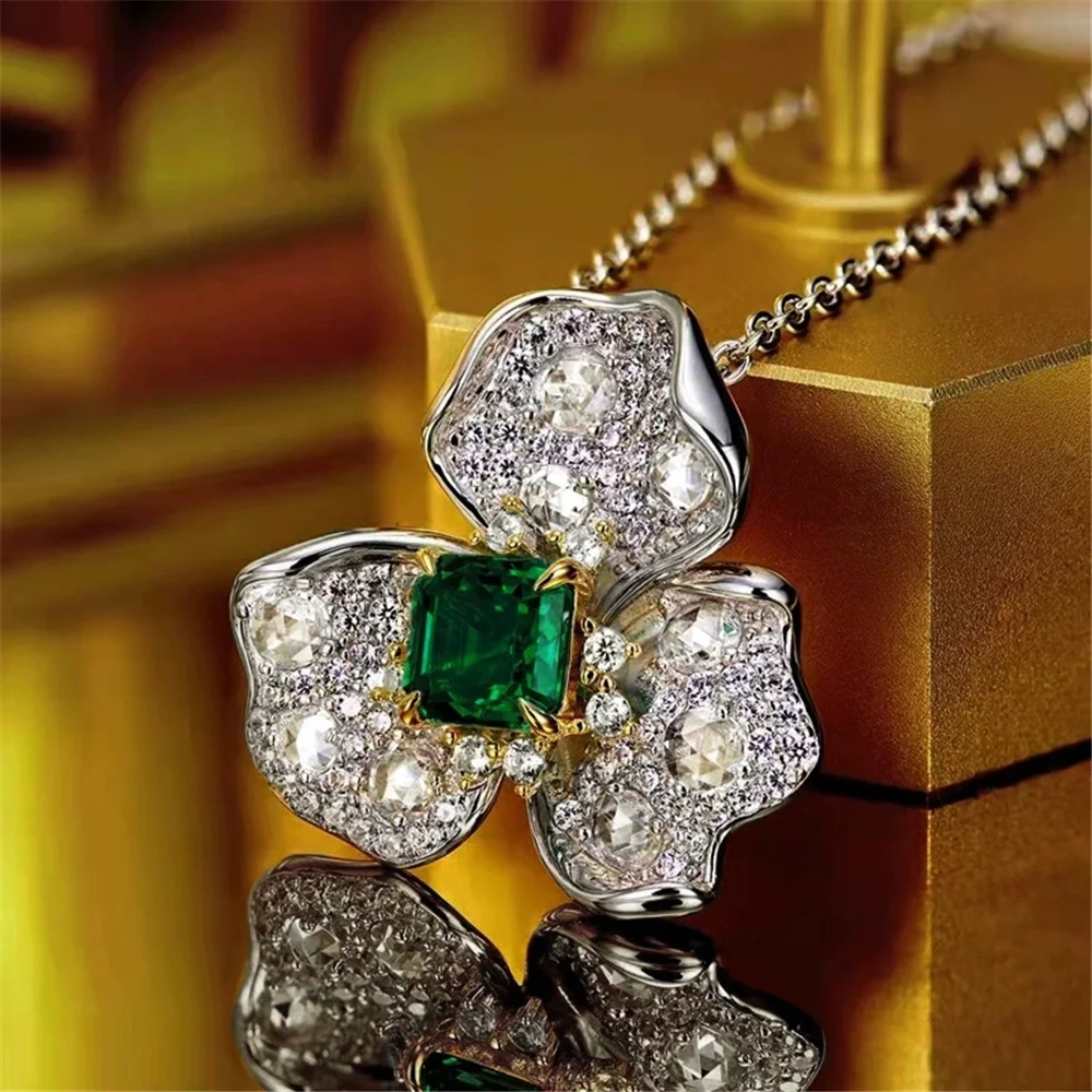 Female Luxury Crystal White Green Stone Pendant Necklace Vintage Silver Color Wedding Jewelry For Women