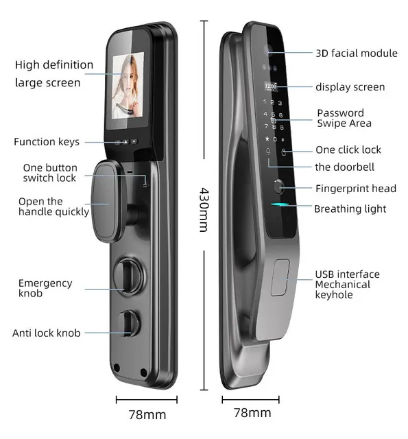 Serrure de porte intelligente à empreintes digitales avec caméra HD 3D, contrôle de l'application Tuya, Wi-Fi, Face Heroes, entrée sans clé pour la maison et le bureau, l'hôtel 5