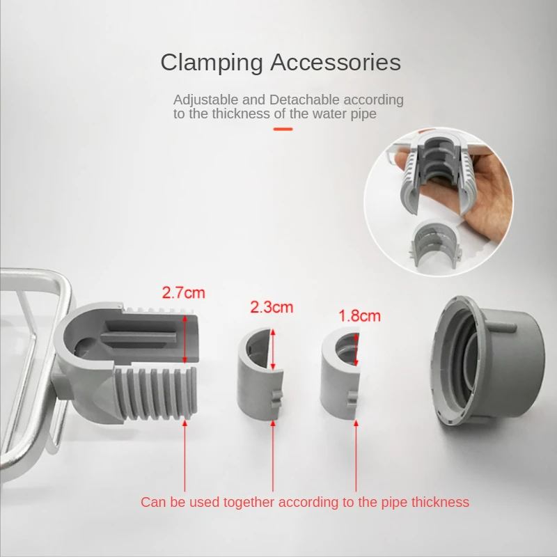 Water Pipe Clamping Aluminum Basket Shelf  Bathroom Organizer for Shampoo Soap Shower Drain Holder Bathroom Rack with Hooks 6