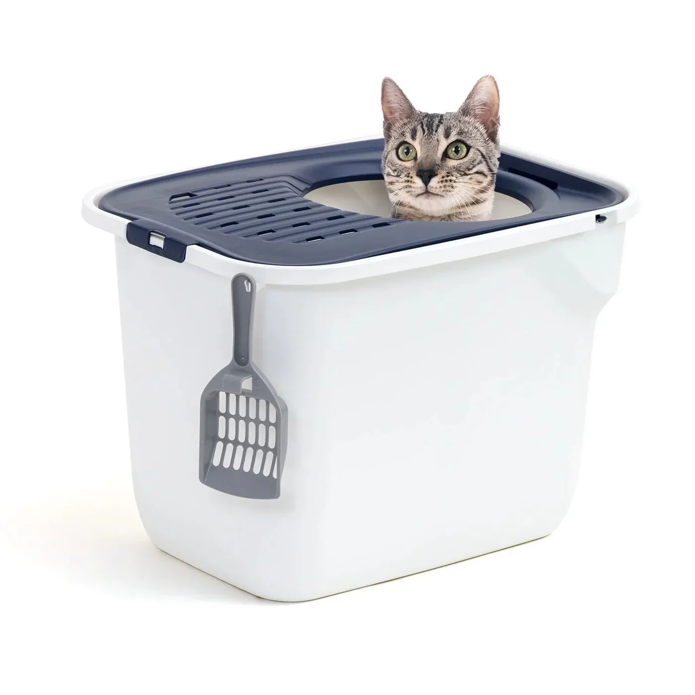 

IRIS USA, Top Entry Cat Litter Box with Litter Catching Grated Lid & Scoop, White/Navy Blue