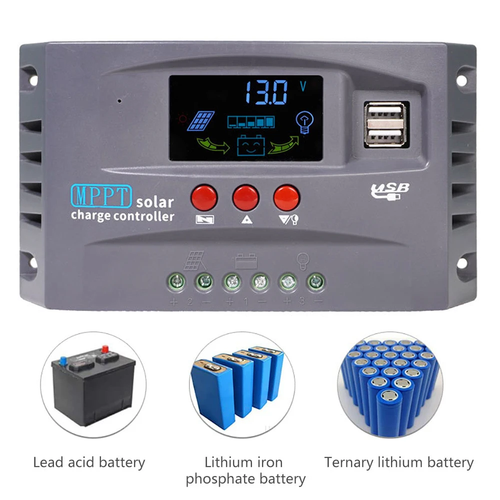 

Solar MPPT Charge Controller 12V 24V Auto 30A 20A 10A with LCD Display Dual USB for Lead-Acid Sealed Gel AGM Lithium Battery