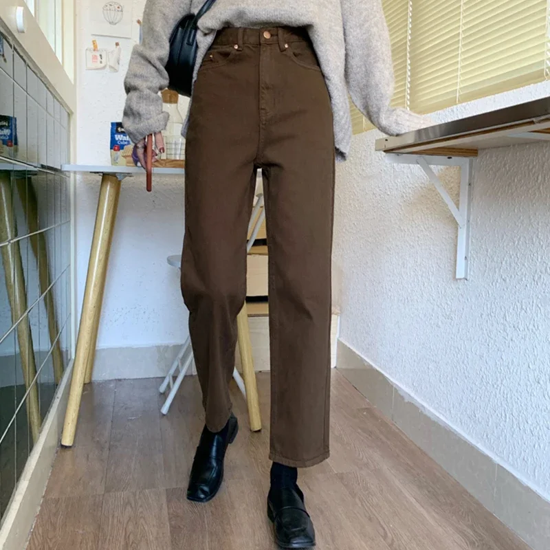 2021 Autumn New Women Trousers High Waist Oversize Pants Brown Straight Denim Vintage Slender Office Lady Jeans Female Casual sexy loose solid color v neck casual jumpsuits 2021 women summer zipper pockets oversize female playsuits fashion streetwear