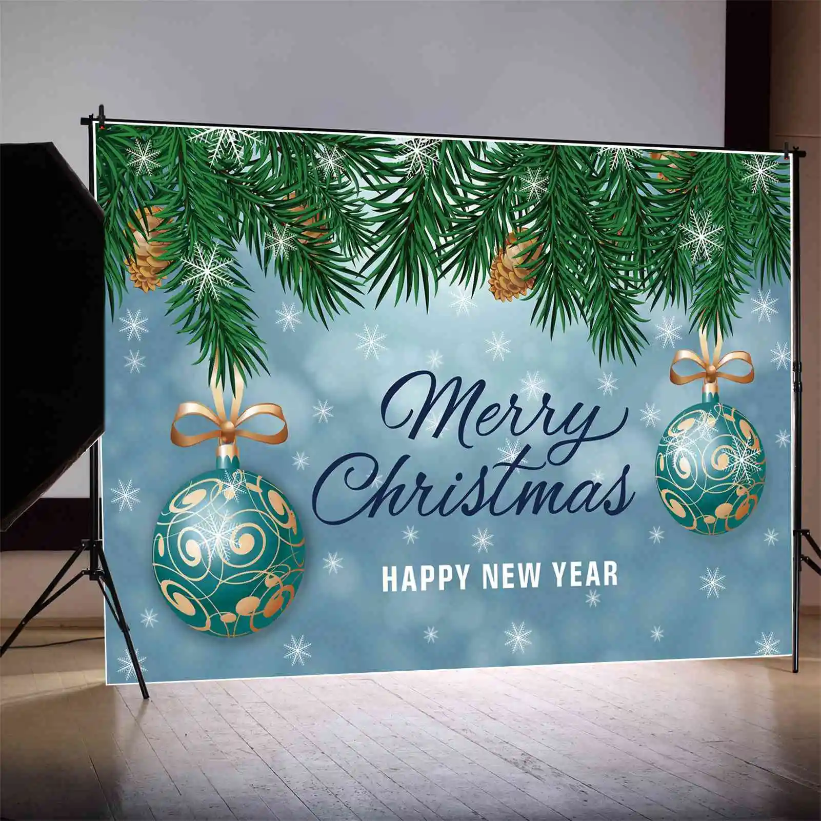 Moon.Qg Fondale Merry Christmas Banner Bluey Snow Sky Baby Party Decor Sfondo Green Pine Tree Ball Snowflake Photo Booth