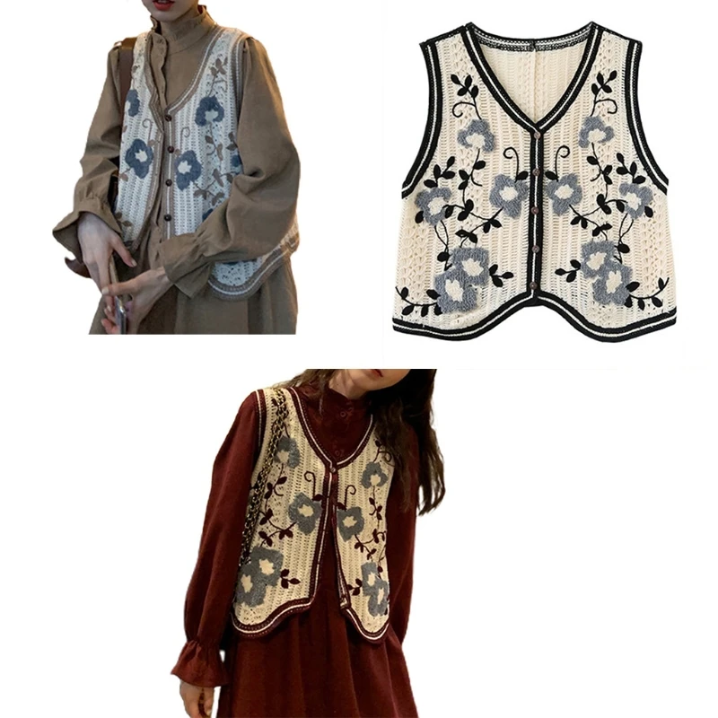 

Korean Women Crochet Knit Crop Top Vest Vintage Floral Embroidery Sleeveless Cardigan for Jacket Button Down Boho Hippie