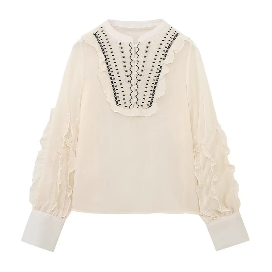 

Elmsk 2023 New French Fashion Elegant Beige Translucent Commuter Shirt Retro Embroidery Ruffle Casual Blouse Top Women
