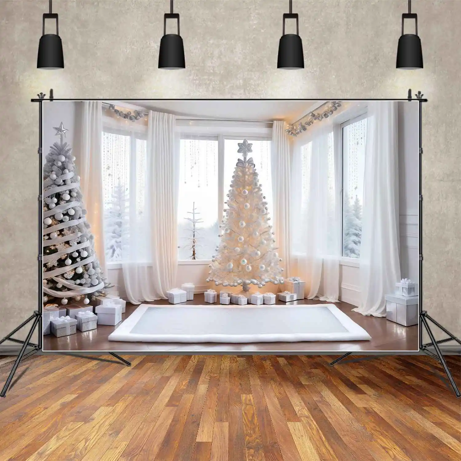 Moon.Qg Sfondo Christmas Home Snow Cabin Background Per Fotografia Ball Snowflake Gift Bench Novità Party Decor Puntelli Da Studio