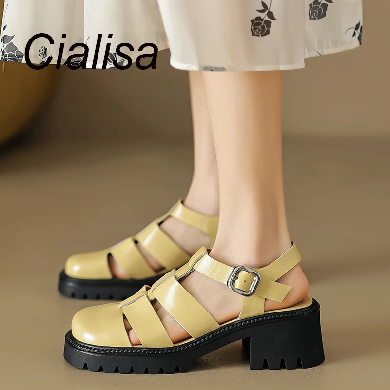 

Cialisa Summer Women Shoes 2023 Genuine Leather Rome Style Sandals Handmade Casual Buckle Strap High Heels Female Sandals Yellow
