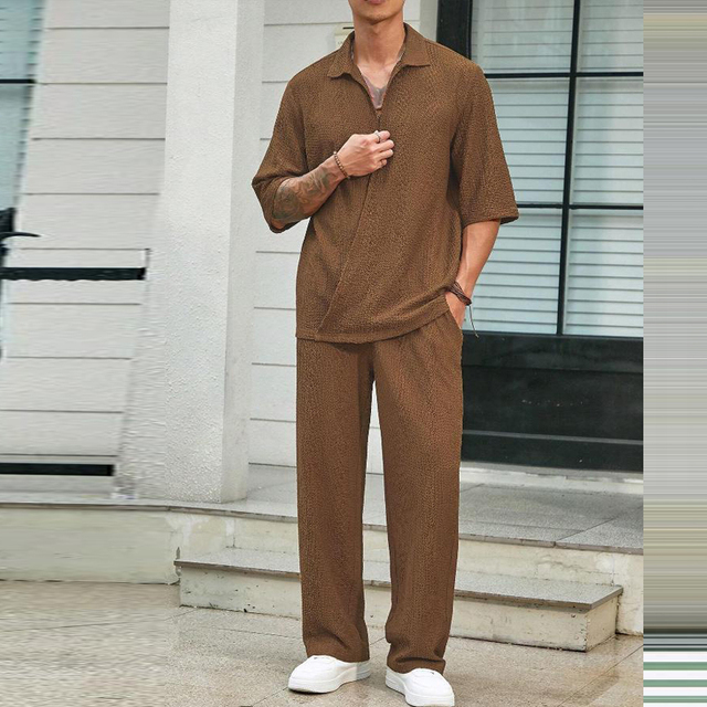 2024 Spring Summer Casual Cotton Shirts And Pants Suits Men Vintage Half Sleeve Irregular Cardigan Two Piece Sets Mens Outfits - 04 Caramel, XL
