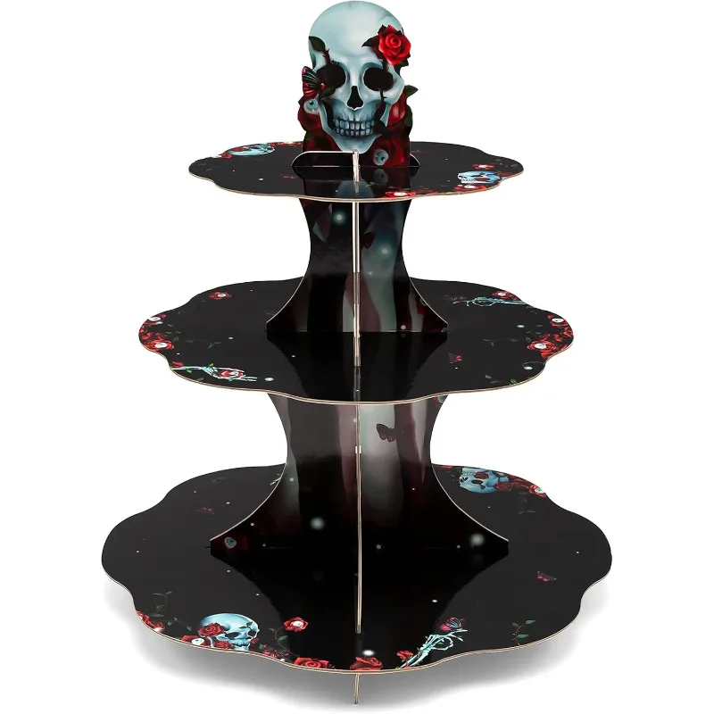 Gothic Skull Cupcake Stand Skeleton 3-tier Cake Serving Tray Gothic for Halloween Birthday Wedding Party Tableware Decorations