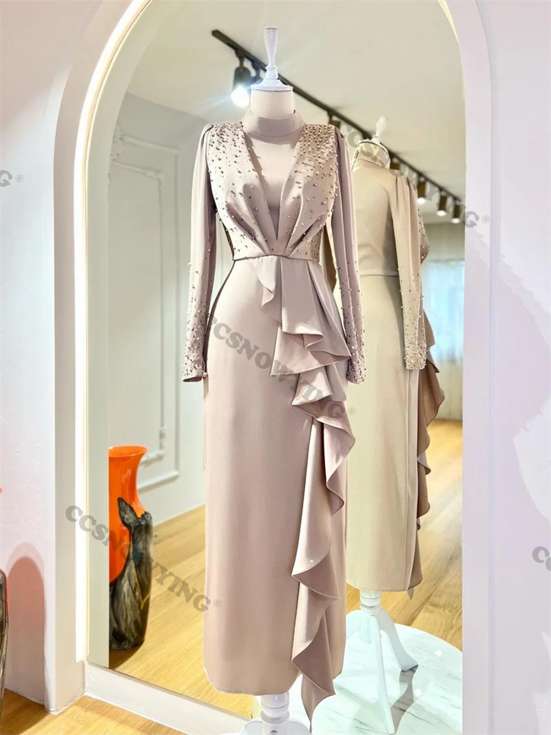 

Satin Beaded Muslim Evening Dresses Long Sleeve A Line Hijab Islamic Formal Party Gowns Arabic Dubai Women Robes De Soirée