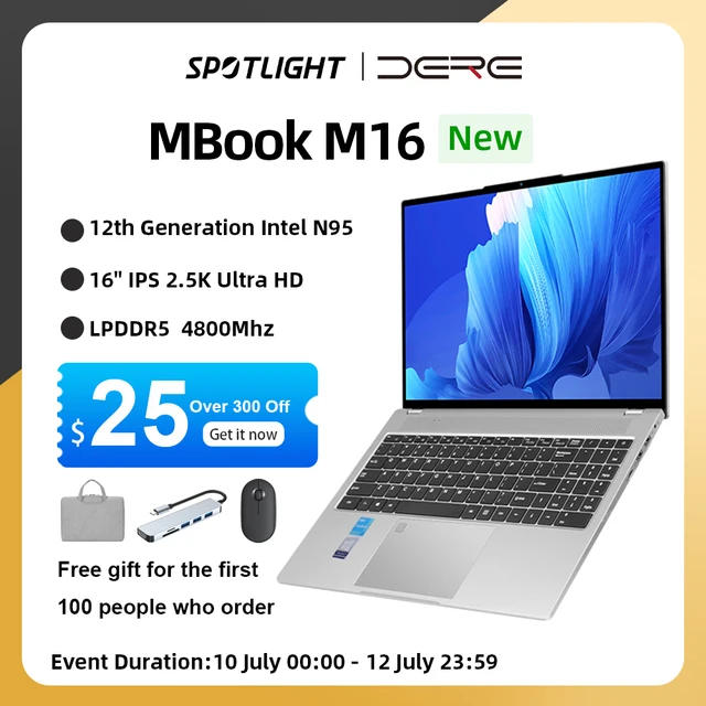 DERE M16 Laptop: 16" 2.5K IPS, Intel N95, 12GB DDR5, 512GB SSD, Windows 11