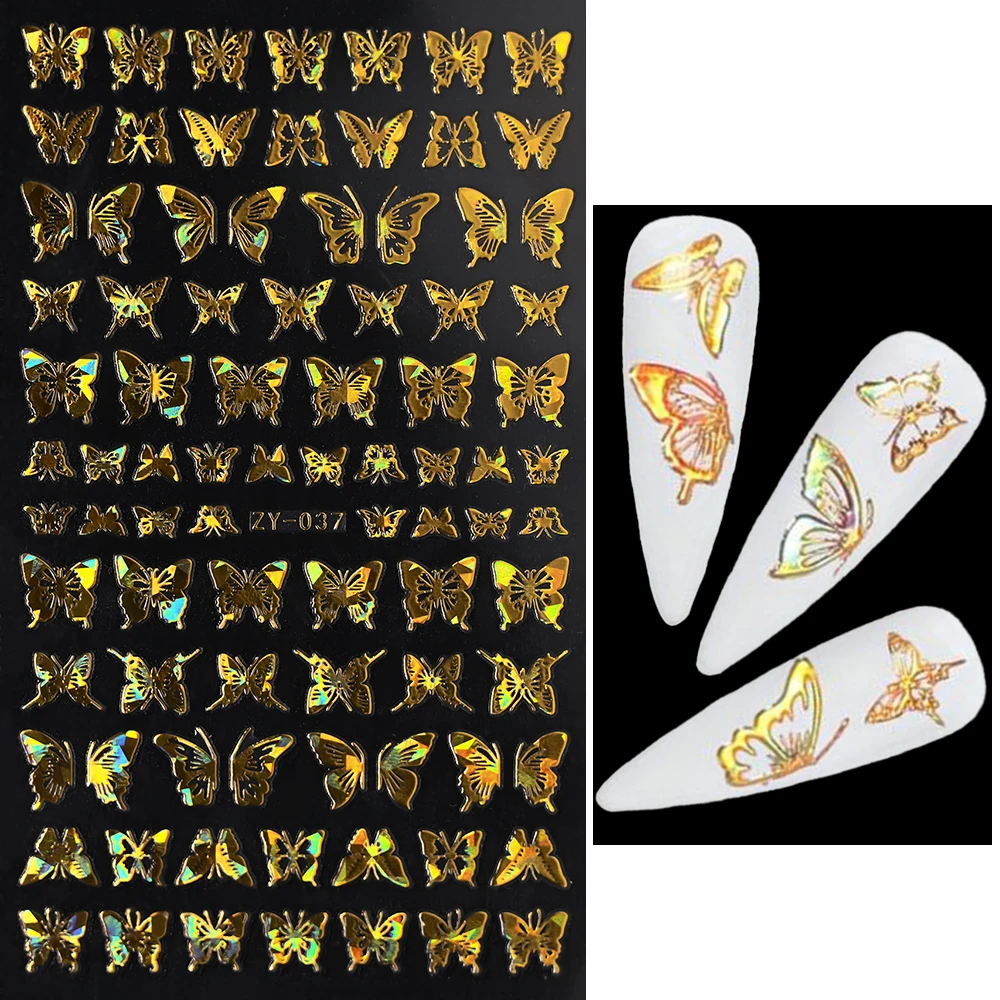 Nagelsticker Selbstklebend – Schmetterling & Schlange Design, 3D Glitzer Silber, 6 Blätter