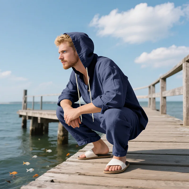 New Spring and Autumn Style Loose Men's Hoodie Set, Linen Material Beach Casual Two-Piece Suit