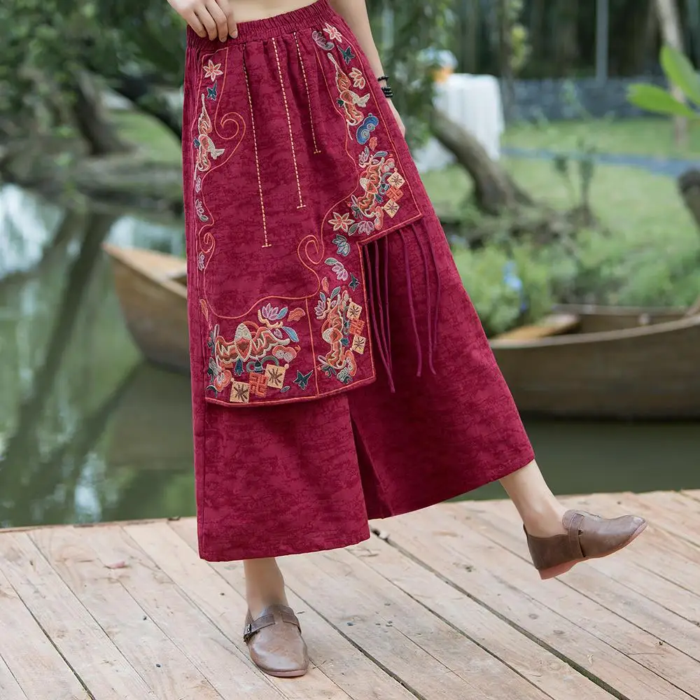 2024 cotton linen tassel flower embroidery ethnic harajuku women retro pants chinese style vintage loose wide leg baggy pants