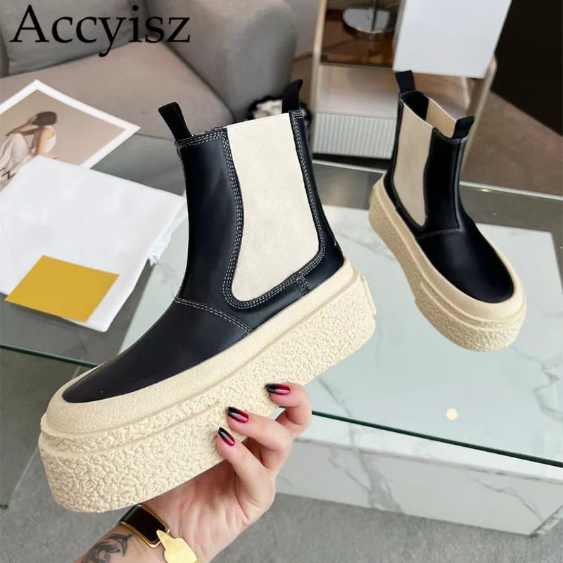 

Autumn Winter Flat Thick Sole Ankle Botas Women Real Leather Round Toe Platform Elastic Wool Linging Short Boots Riding Boots