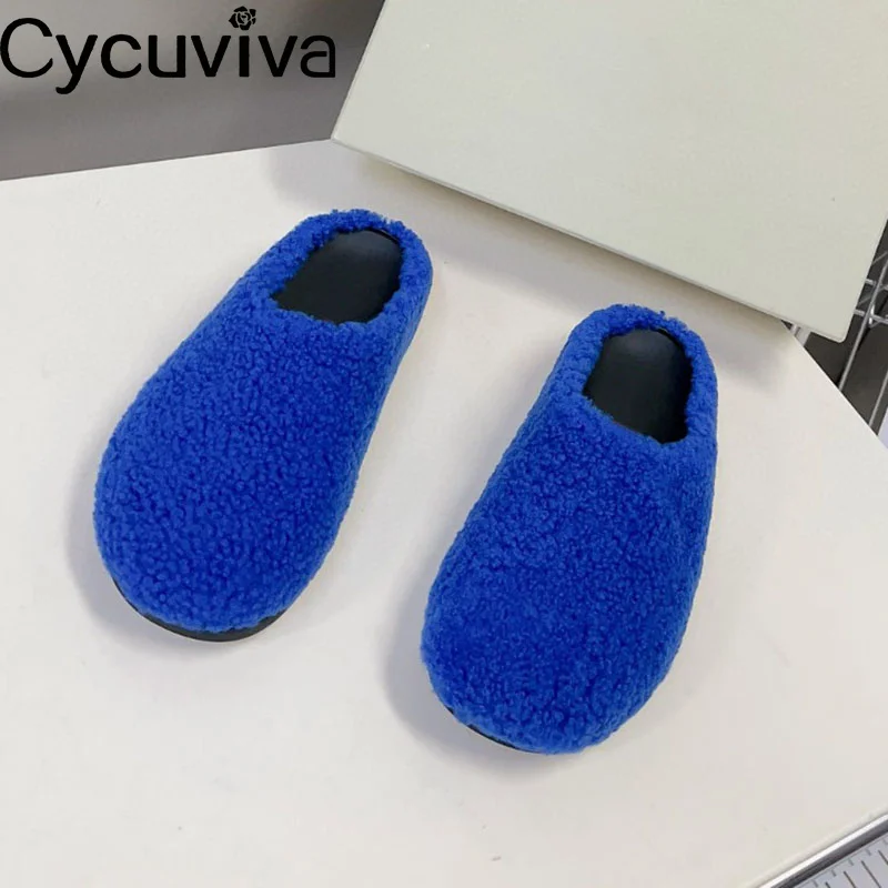 

2023 Women Wool Slippers Blue Flat Fur Slides Female Candy Color Designer Mules Autumn Platform Fur Shoes For Women