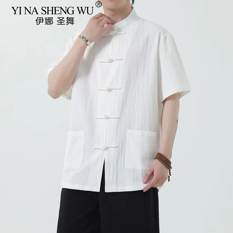 Summer Chinese Style Men's New Chinese Style Cotton and Linen Shirt Tang Suit Short-sleeved Retro Stand-up Collar Buttoned Shirt