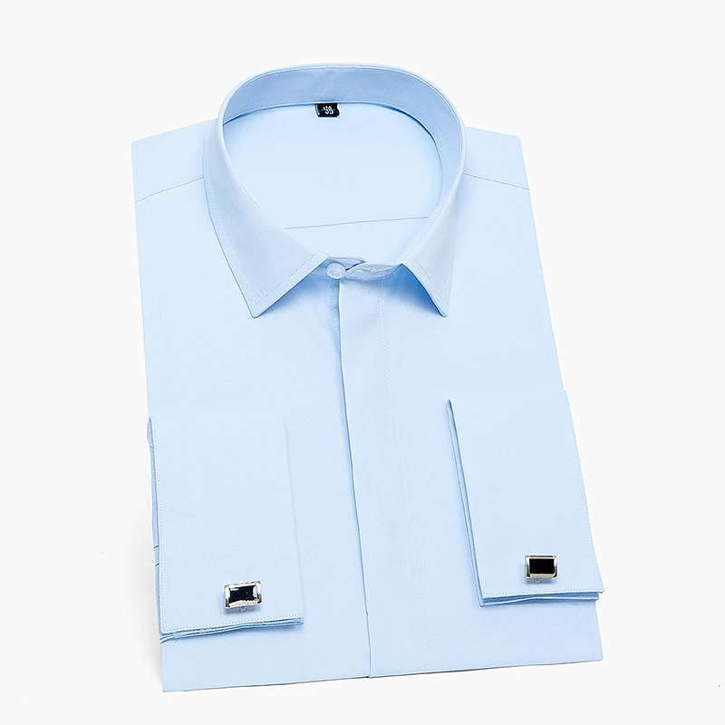 Men's Classic French Cuff Dress Shirts Long Sleeve No Pocket Tuxedo Male Shirt with Cufflinks Formal Party Wedding White Blue dress shirts