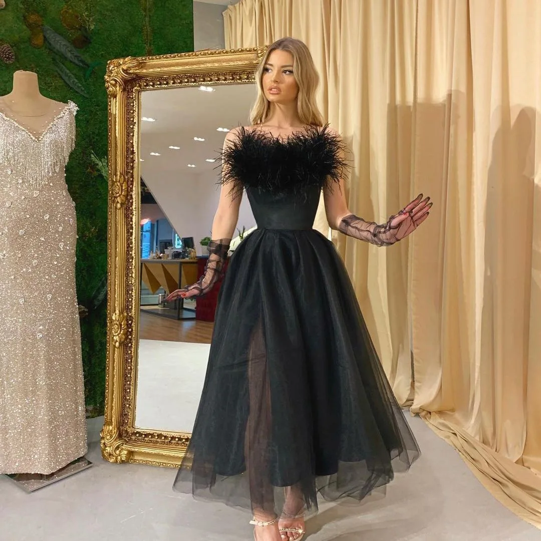 Black Sexy Feather Tulle Evening Party Dress Women Spaghetti Strap Dresses for Special Events Chic Lady Cocktail Prom Long Gowns