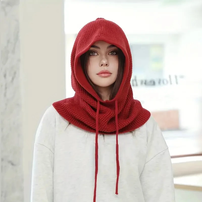 Womens Solid Color Thermal Knit Balaclava Windproof Hooded Scarf