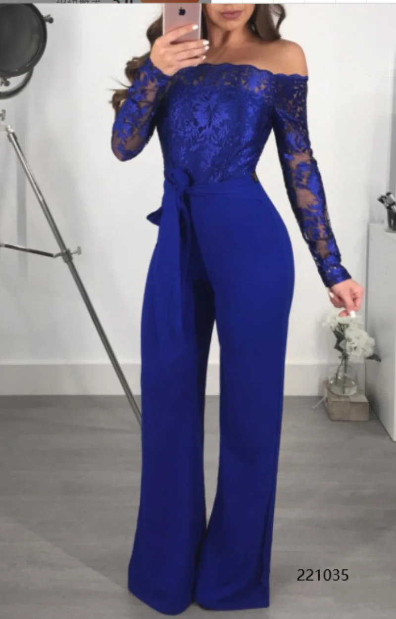 Women Sexy Off Shoulder Slash Neck Long Sleeve Women Jumpsuit Elegant Wide Leg Jumpsuit 3XL Appliques Lace Patchwork Jumpsuit
