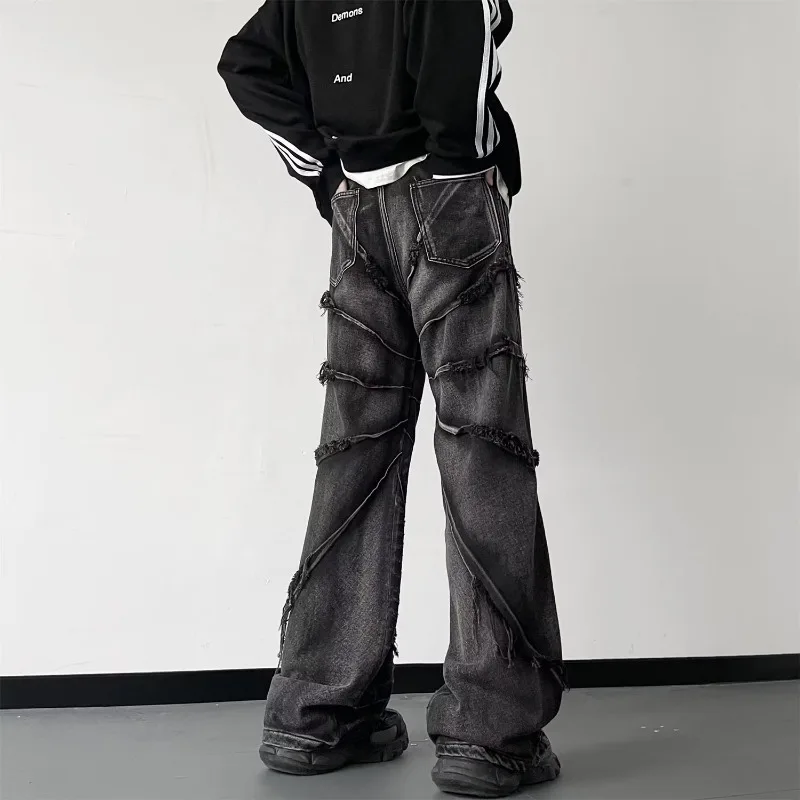 HOUZHOU Y2K Punk Black American Street Rock Retro High Waist Oversized Jeans Men Raw Edge Washed Darkwear Wide Leg Trousers Men