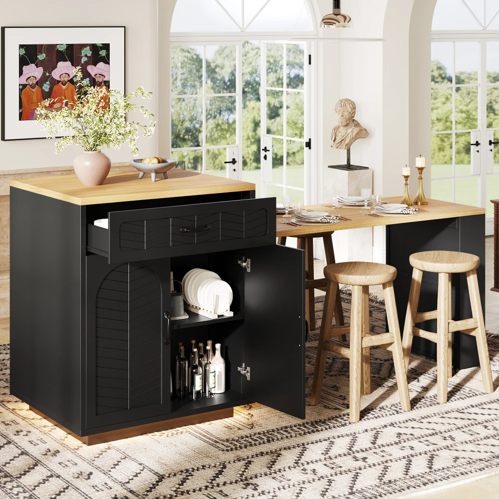 Kücheninsel, Küchenschrank, Barschrank mit LED-Lichtleiste, fester Servierwagen, mit ausziehbarem Tisch, 2 Schubladen, 4 Türen – Detail 9