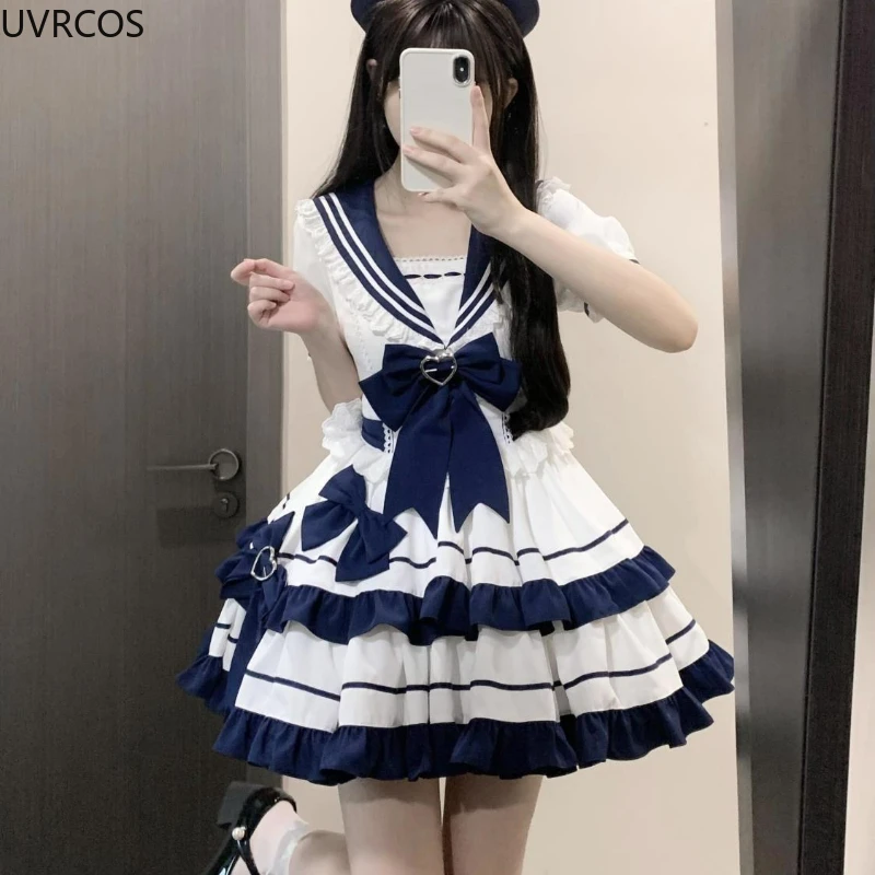 Japanese Kawaii Lolita Style Op Dress Women Sweet Bow Sailor Collar Short Sleeve Dresses Preppy Style Princess Party Mini Dress lolita dress,lolita suspender dress,lolita cosplay costumes