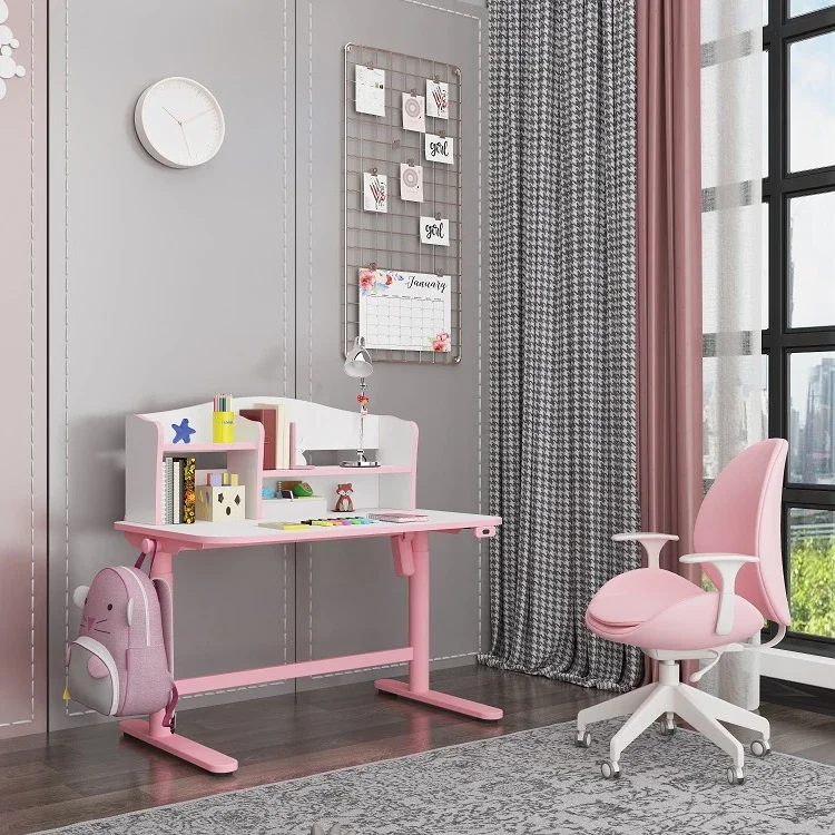 Ergonomic Kids Reading and Writing Study Table Height Adjustable Children Desk with Bookshelf
