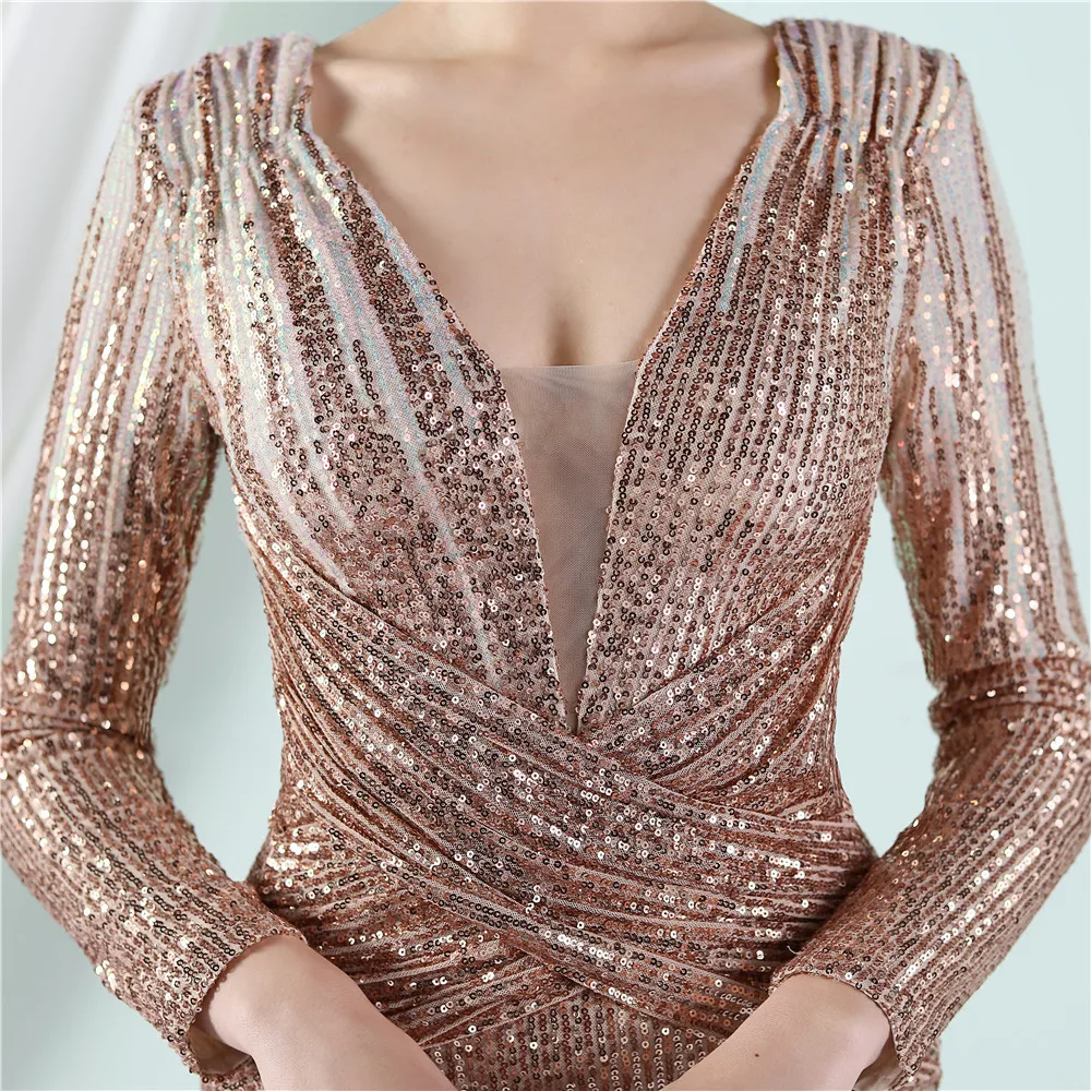 Sequined Long Sleeve V Mermaid Evening Dresses Formal Prom Pageant Wedding Party Robe Re Soirée Femme Robe De Soirée Se Mariage evening wear for women